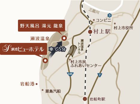 瀬波ビューホテルから、野天風呂　湯元　龍泉までの交通アクセス　地図